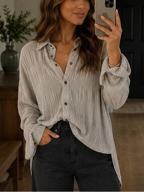FREE PEOPLE My Best Velvet Crinkle Button Shirt Gray Oversized Sz M